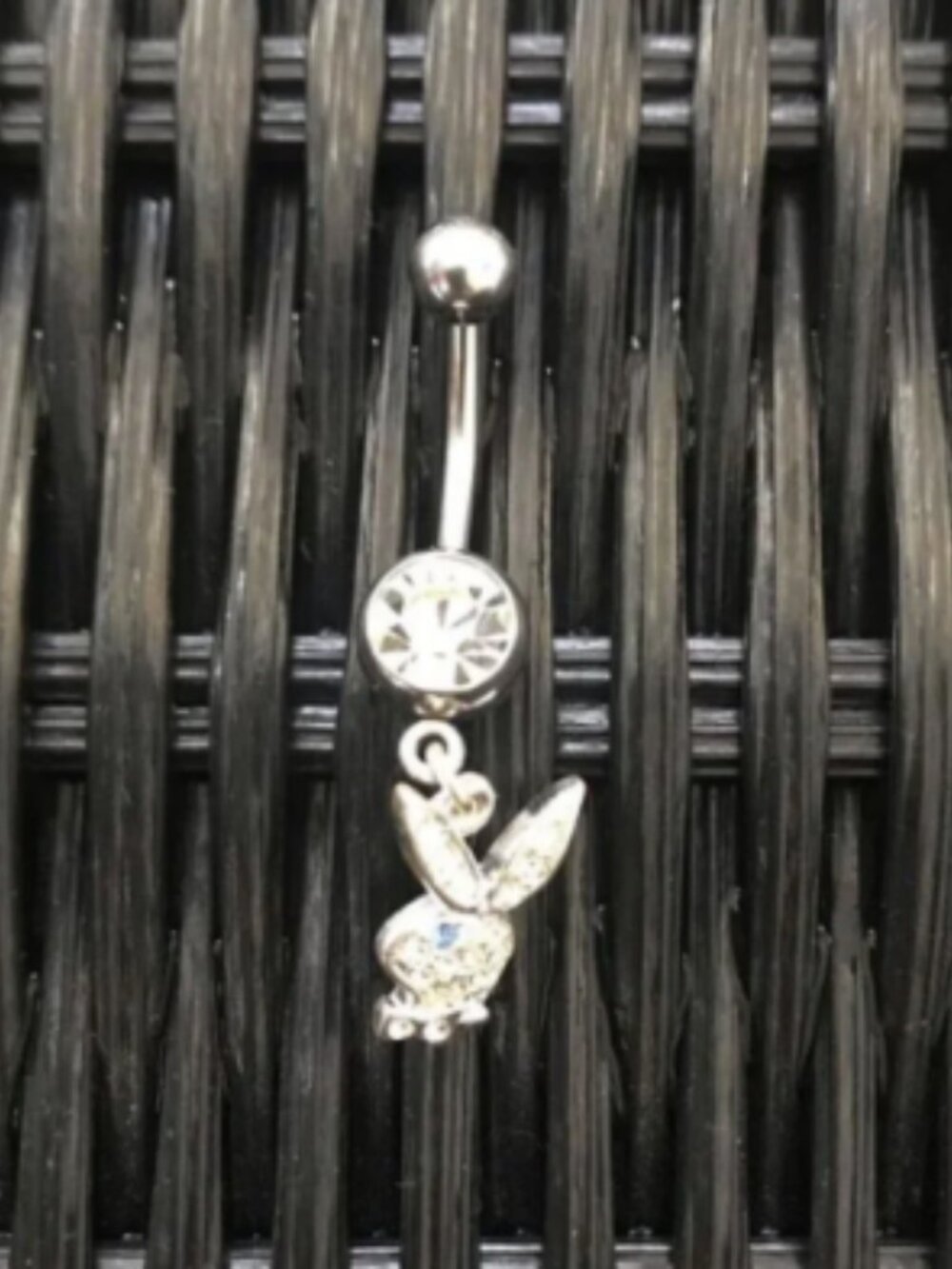 playboy bunny silver dangly crystal belly button navel ring with blue eye